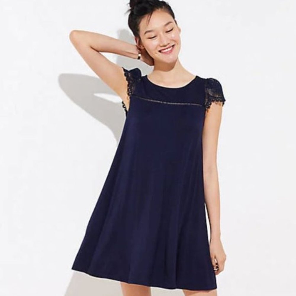 Loft Lace Cap Swing Dress in Navy